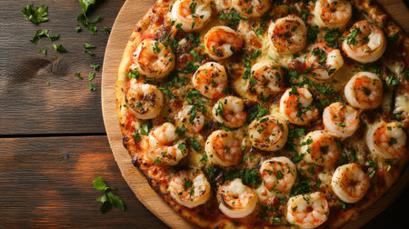 Capture the essence of a stunning overhead composition of seafood pizza showcasing shrimp and fresh herbs, perfect for a flavorful dining experience.の素材