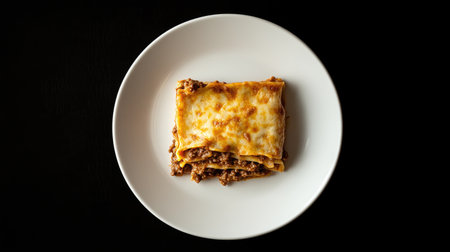 This elegant top view captures a simple lasagna dish on a white plate. With layers of cheese and meat, it represents comfort food at its best.の素材