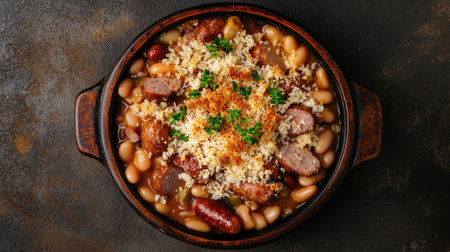 A top-down view of a traditional French cassoulet featuring flavorful beans and sausage, garnished with herbs, presented in a rustic dish. Perfect for showcasing hearty meals.の素材