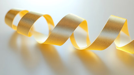 This image showcases elegant golden ribbons spiraling upwards, reflecting light beautifully. Ideal for themes of celebration, luxury, and creative design.の素材