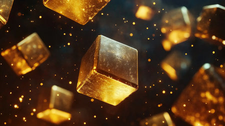 A mesmerizing scene of golden cubes rotating gently in space, casting shimmering light against a dark background, creating a captivating abstract visual.の素材
