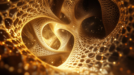 A captivating 3D golden mesh pattern weaves through space, creating an ethereal glow. This abstract design offers a futuristic and luminous visual experience.の素材