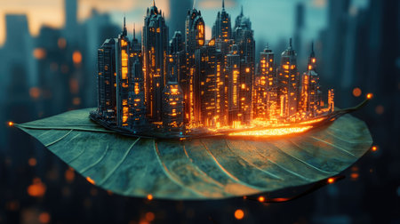 Explore a stunning futuristic 3D city floating on a glowing leaf, merging technology and nature in a surreal and enchanting visual masterpiece.の素材