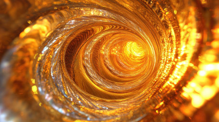 Experience a stunning view of a twisting golden vortex spiraling into the center. This 3D abstract image captures a dynamic play of light and depth, creating a mesmerizing illusion.の素材