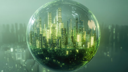 Explore a captivating floating city inside a transparent sphere, blending advanced architecture and lush greenery, symbolizing a harmonious future.の素材