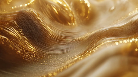 Experience the beauty of undulating golden waves in 3D slow motion. This stunning abstract visual captures the elegance and movement of shimmering textures.の素材