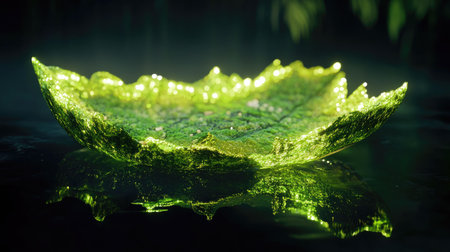 A stunning 3D representation of a glowing leaf-shaped ecosystem floating on water, showcasing vibrant colors and intricate details that evoke a serene and enchanting atmosphere.の素材