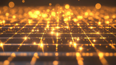 A stunning futuristic 3D golden grid featuring glowing lights. This digital background creates a vibrant and innovative visual perfect for modern technology themes.の素材
