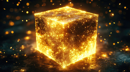 Discover a captivating glowing cube in a vibrant digital landscape. This 3D artwork showcases stunning sparkles and luminous details, perfect for imaginative projects.の素材