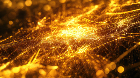 This image showcases a complex web of interconnected golden lines, creating a vibrant and luminous abstract pattern that evokes technology and depth.の素材