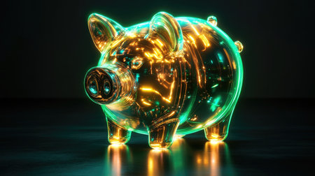 Explore the striking design of a futuristic glowing piggy bank. This vibrant 3D illustration features neon lights and modern aesthetics, perfect for creative projects.の素材