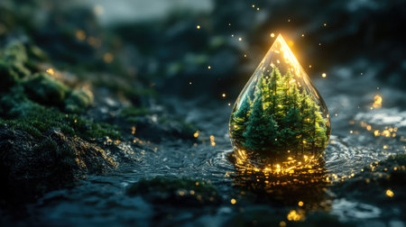 A stunning 3D representation of a glowing water drop encasing a lush green landscape, reflecting light and symbolizing harmony between nature and water.の素材