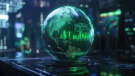 A futuristic holographic globe showcasing digital financial data, reflecting modern technology and innovation in a vibrant green display for financial analysis.の素材