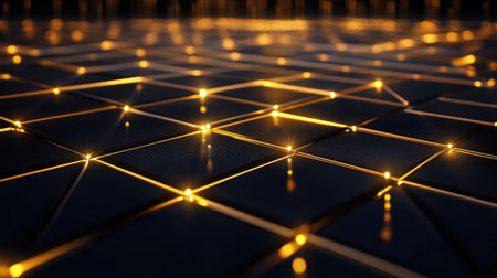 A mesmerizing 3D representation of a golden grid featuring glowing intersections, perfect for technology and futuristic themes in art and design.の素材