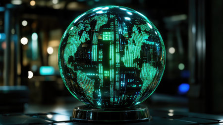 A stunning futuristic holographic globe showcases financial data, blending technology and innovation. Ideal for illustrating digital finance concepts and global analysis.の素材