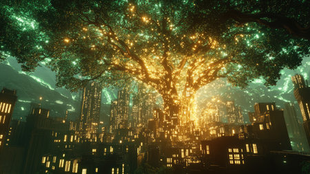 A vibrant 3D city scene featuring a glowing tree that symbolizes green energy and sustainability, blending urban architecture with nature in a stunning visual representation.の素材