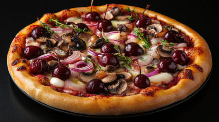 A beautifully composed gourmet pizza featuring rich mushrooms and sweet cherries, creating a unique blend of flavors. Perfect for food lovers and culinary enthusiasts.の素材
