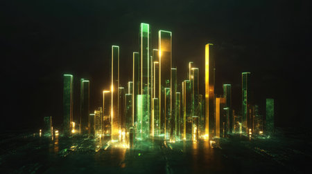This stunning futuristic image features a 3D glowing chart in vibrant green tones, showcasing an abstract representation of data visualization. Perfect for technology and design themes.の素材