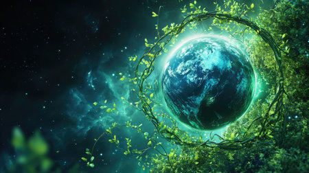 A vibrant digital artwork depicting spiraling green vines connecting to a glowing globe, showcasing the beauty of nature and cosmic harmony in a surreal landscape.の素材