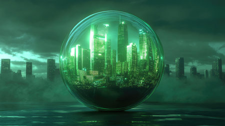 Discover a stunning 3D representation of a futuristic city encapsulated within a floating green sphere, showcasing modern architecture and an ethereal atmosphere.の素材