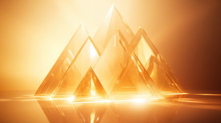 This captivating image features a golden 3D pyramid structure formed by prisms, radiating light and reflections, creating an elegant and modern design.の素材