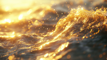 Experience the beauty of golden waves crashing in a continuous loop, creating mesmerizing patterns under the warm sunlight reflecting on the water's surface.の素材