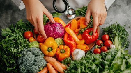 A vibrant assortment of fresh vegetables arranged beautifully on a table, showcasing healthy eating options. Perfect for promoting nutrition and wellness.の素材