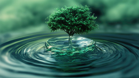 A vibrant green tree grows from the surface of shimmering water, showcasing a futuristic blend of nature and innovation, embodying tranquility and harmony.の素材