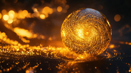 A mesmerizing glowing 3D golden sphere features intricate patterns, radiating a warm light. Perfect for showcasing beauty and artistry in design.の素材