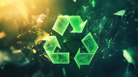A vibrant glowing green recycling logo set against an abstract background, symbolizing eco-friendliness and sustainability through modern design and technology.の素材