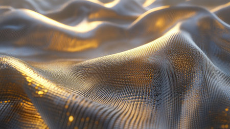 A stunning 3D render of smooth, undulating golden fabric, showcasing elegant textures and reflective surfaces that bring a sense of luxury and depth.の素材