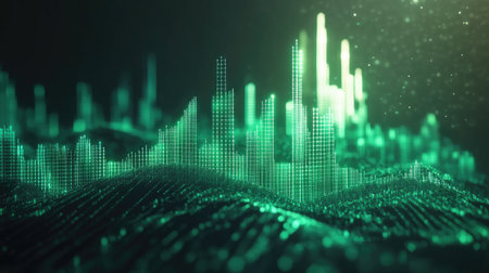 A vibrant 3D chart featuring glowing rising elements, showcasing modern data visualization. Ideal for technology, finance, and abstract themes.の素材