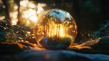 A mesmerizing glass orb reflects a flourishing forest, glowing with sunlight and magical ambiance. Ideal for nature and fantasy-themed projects.の素材