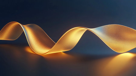 A stunning 3D golden ribbon gently curves against a dark background, radiating a glowing light, perfect for modern design or artistic projects.の素材