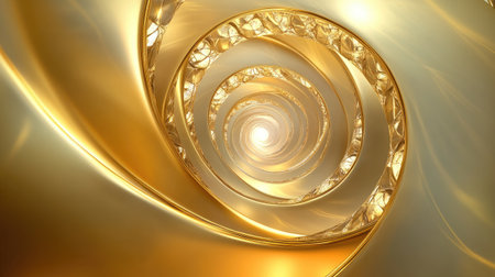 Explore a mesmerizing infinite golden spiral in a surreal 3D design. This artwork captivates with its luminous curves and dreamy depth, inviting imagination.の素材