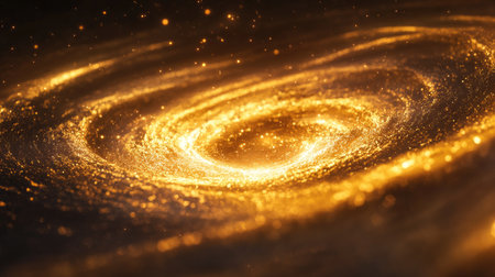 Explore a stunning 3D portrayal of a radiant golden nebula, featuring mesmerizing swirling patterns and vibrant beams of light set against a cosmic background.の素材