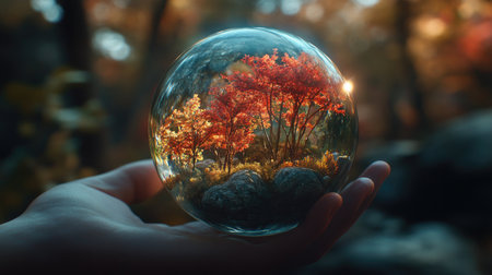 A shimmering glass orb displays a captivating scene of flourishing autumn trees, held gently in a hand, capturing the essence of natureの素材