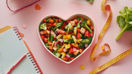 This heart-shaped dish is beautifully filled with mixed vegetables, showcasing vibrant colors. Perfect for healthy meals or celebrations, it inspires culinary creativity.の素材