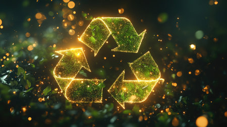 A glowing recycling logo surrounded by green elements embodies sustainability and environmental awareness, perfect for eco-friendly projects and designs.の素材