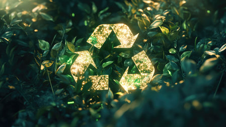 A vibrant 3D recycling symbol glowing amidst lush green leaves, representing eco-friendliness and sustainability. This artistic design highlights the beauty of nature.の素材