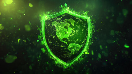 A vibrant and glowing green shield encircles the Earth in a striking 3D style, symbolizing protection and harmony with nature in a captivating digital design.の素材