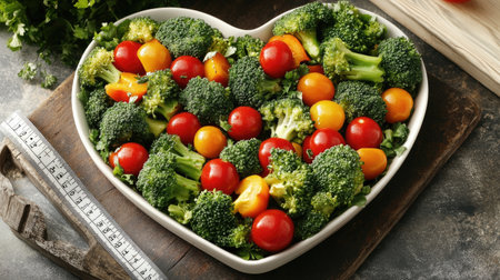 This heart-shaped dish features a colorful mix of fresh broccoli and tomatoes, perfect for healthy meals and creative presentations. Ideal for gatherings and special occasions.の素材