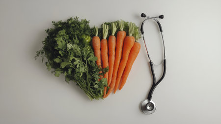 A heart-shaped arrangement featuring fresh carrots and cilantro accompanied by a stethoscope, symbolizing the connection between healthy eating and overall wellness.の素材