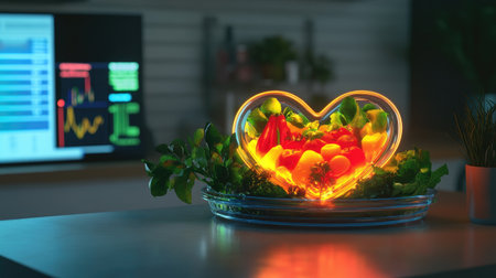 A vibrant heart-shaped dish filled with fresh veggies emits a glowing effect, creating an enticing and healthy food presentation in a modern kitchen setting.の素材