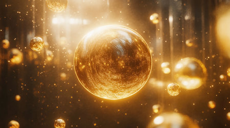 This stunning image features a golden 3D sphere suspended in air, surrounded by glowing particles, creating a mesmerizing abstract scene with vibrant light effects.の素材