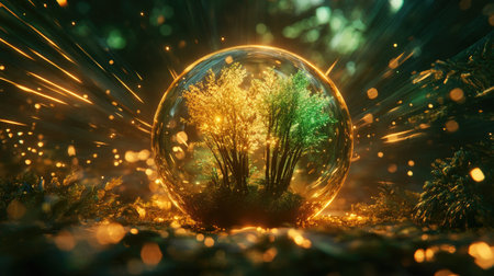 A vivid 3D forest emerges from a glass orb, surrounded by shimmering light and vibrant colors, creating a magical, serene atmosphere. Perfect for fantasy-themed projects.の素材