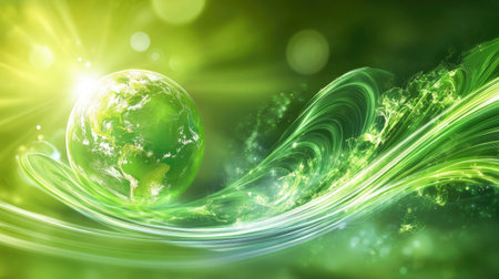 Experience the captivating visual of vibrant green energy waves swirling around a glowing planet, depicting a dynamic and serene environment.の素材
