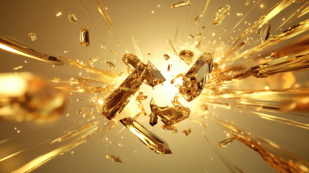 This stunning image features an explosion of golden shards radiating outward, creating a vibrant and dynamic abstract composition full of light and energy.の素材