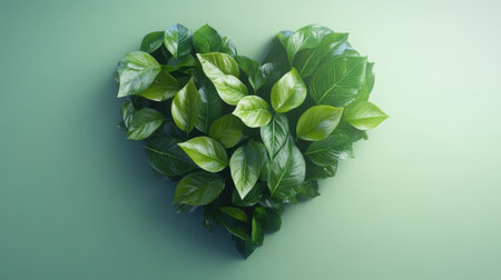This stunning abstract image features a radiant heart shape formed by vibrant green leaves, showcasing nature's beauty and organic design, perfect for eco-themed projects.の素材