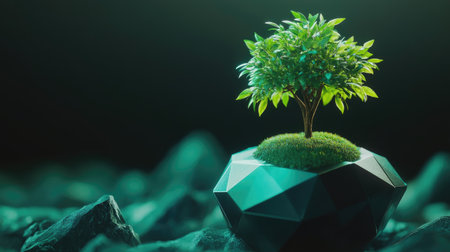 A vibrant 3D representation of a green tree sprouting from a dark, rocky surface, symbolizing growth and renewal in nature. Ideal for artistic and eco-themed projects.の素材